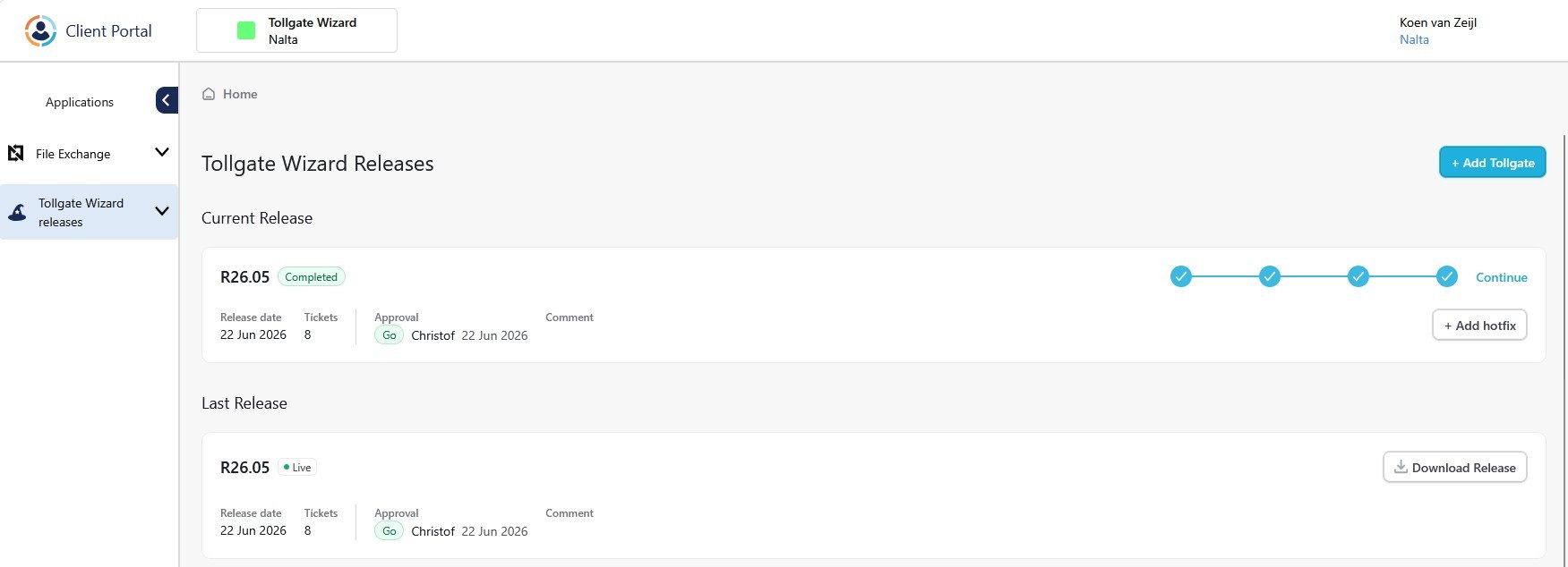 The Tollgate Wizard release dashboard showing current and historical releases with their approval status